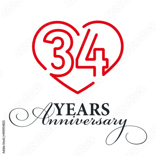34 years anniversary celebration number thirty bounded by a loving heart red modern love line design logo icon white background photo