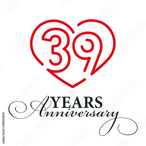 39 years anniversary celebration number thirty bounded by a loving heart red modern love line design logo icon white background photo