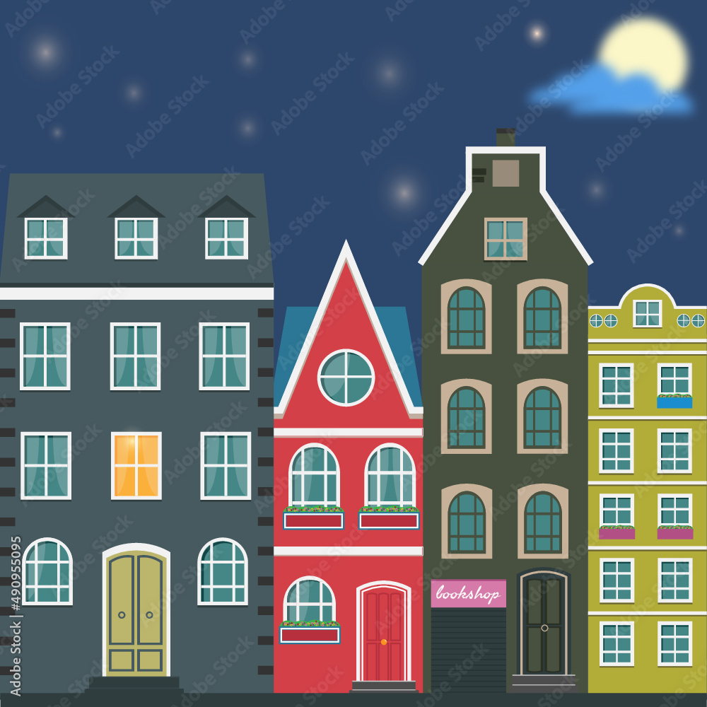 Amsterdam cute colourful houses in night time with shinning stars, clouds and the moon 