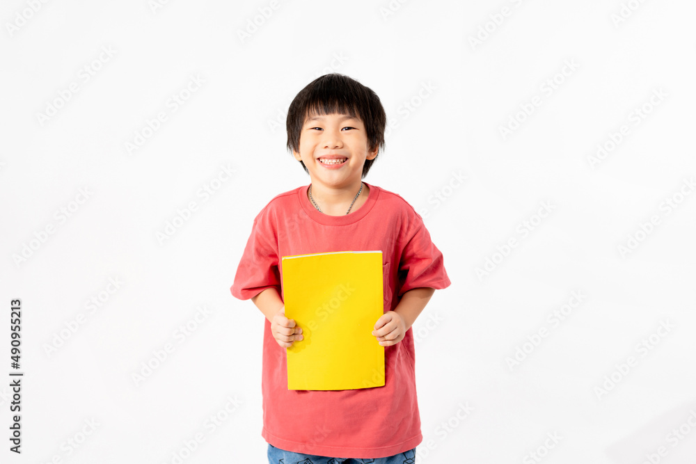 Portrait of Happy asian boy with books isolated on white background, Education and learning with technology concept Portrait of Happy asian boy with books isolated on white background, Education and learning with technology concept