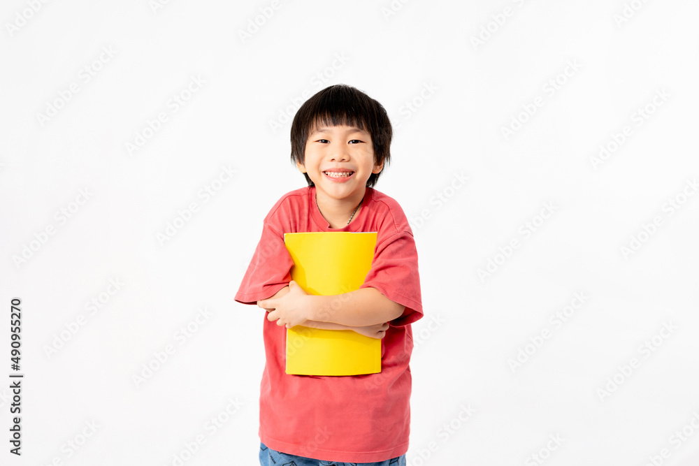 Portrait of Happy asian boy with books isolated on white background, Education and learning with technology concept Portrait of Happy asian boy with books isolated on white background, Education and learning with technology concept