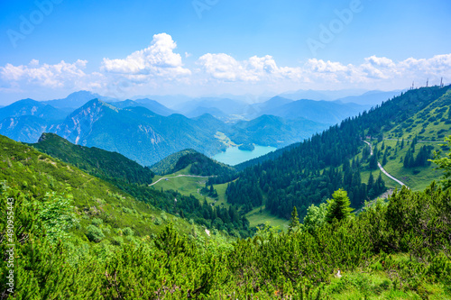 View from Mountain Herzogstand to Lake Walchensee -  close to Kochel am See - beautiful travel destination in Bavaria  Germany