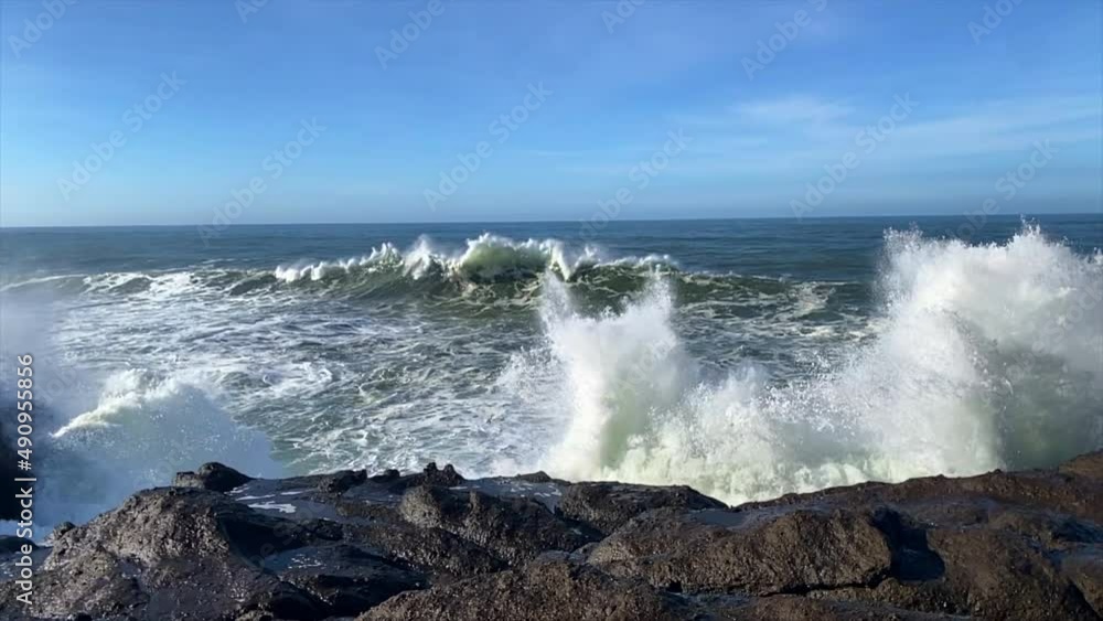 Slow motion sound and video of monster waves crashing on rugged coastline. Slow motion sound and video of monster waves crashing on rugged coastline.