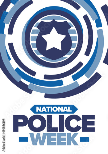 National Police Week. Celebrated annual in May. In honor of the United States police hero. Police badge and star. Officers Memorial Day. American patriotic design. Vector poster, creative illustration