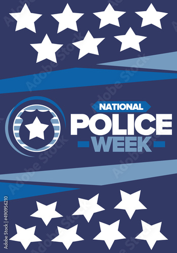 National Police Week. Celebrated annual in May. In honor of the United States police hero. Police badge and star. Officers Memorial Day. American patriotic design. Vector poster, creative illustration