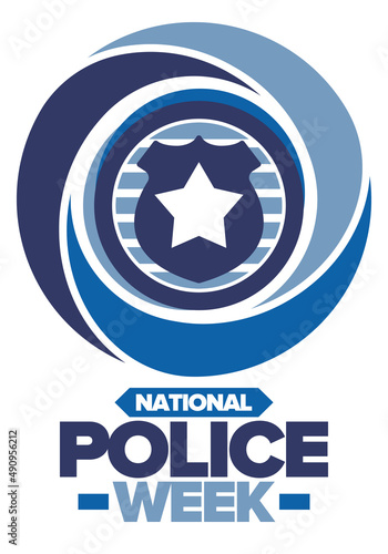 National Police Week. Celebrated annual in May. In honor of the United States police hero. Police badge and star. Officers Memorial Day. American patriotic design. Vector poster, creative illustration