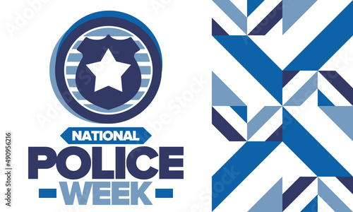 National Police Week. Celebrated annual in May. In honor of the United States police hero. Police badge and star. Officers Memorial Day. American patriotic design. Vector poster, creative illustration