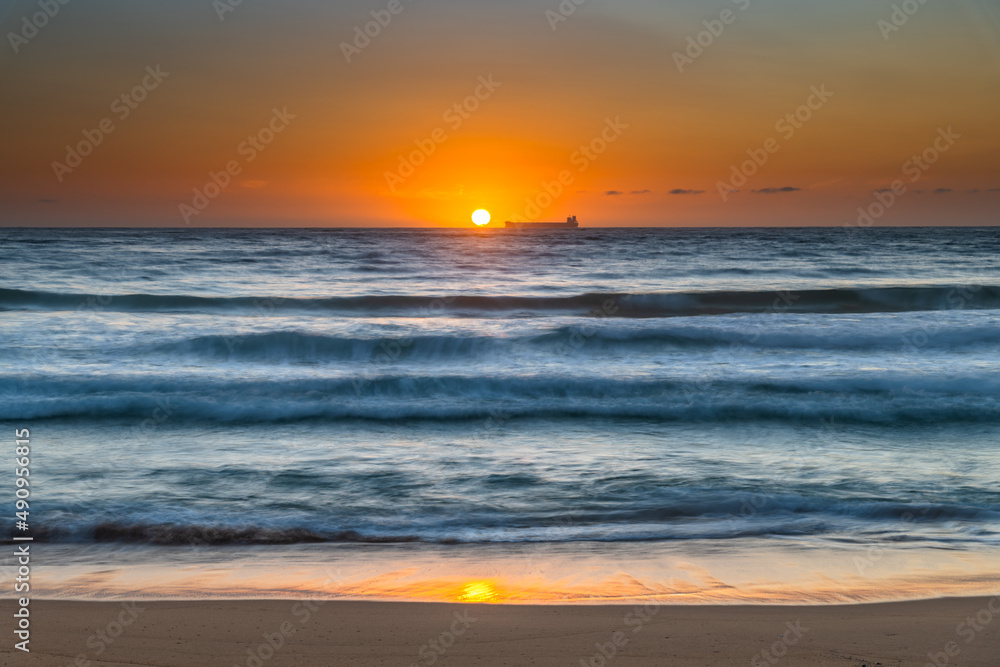 Sun, sand, ship sunrise seascape