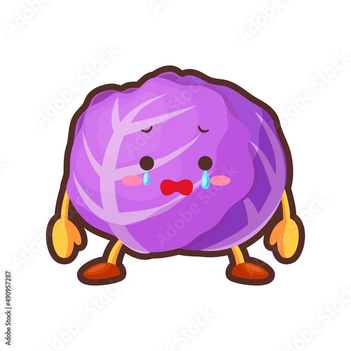 涙を流す可愛い紫キャベツのキャラクターのイラスト