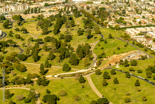 Aerial view of the rolling hills of the Inglewood park Cemetery in Inglewood, California, USA photo