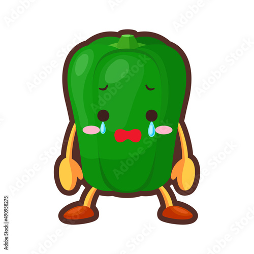 涙を流す可愛いピーマンのキャラクターのイラスト