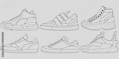 set of outline Cool Sneakers. Shoes sneaker outline drawing vector, Sneakers drawn in a sketch style, sneaker trainers template outline, Set Collection. vector Illustration.
