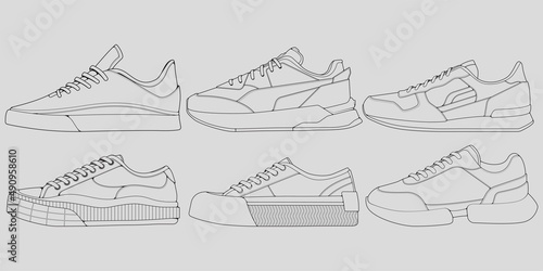 set of outline Cool Sneakers. Shoes sneaker outline drawing vector, Sneakers drawn in a sketch style, sneaker trainers template outline, Set Collection. vector Illustration.
