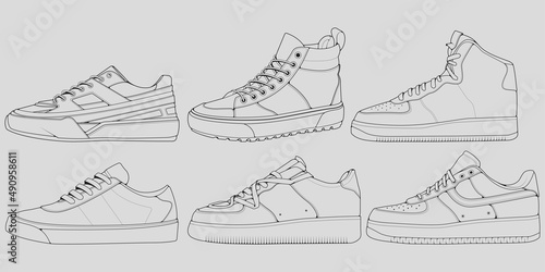 set of outline Cool Sneakers. Shoes sneaker outline drawing vector, Sneakers drawn in a sketch style, sneaker trainers template outline, Set Collection. vector Illustration.
