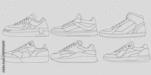 set of outline Cool Sneakers. Shoes sneaker outline drawing vector, Sneakers drawn in a sketch style, sneaker trainers template outline, Set Collection. vector Illustration.
