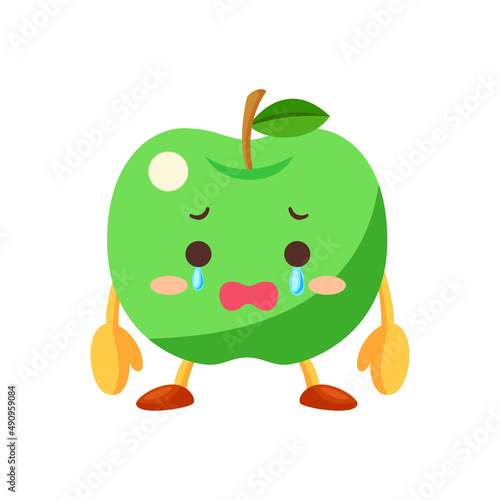 涙を流すかわいい青りんごのキャラクターのイラスト