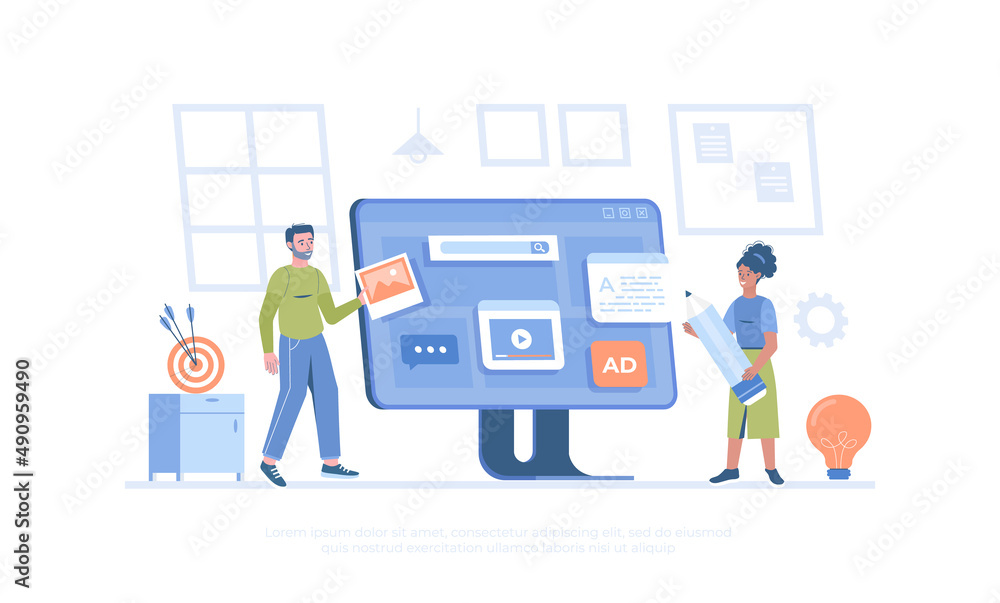 People building user interface. Content marketing. Web and app development. Writing and editing texts, photos and videos. Cartoon modern flat vector illustration for banner, website design, landing