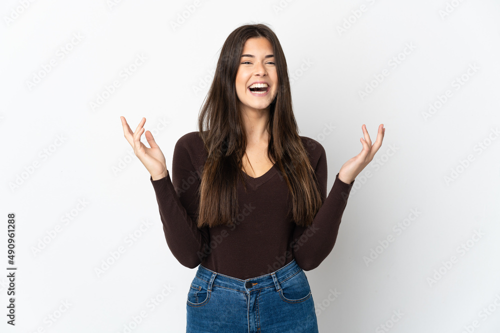 Teenager Brazilian girl isolated on white background smiling a lot Teenager Brazilian girl isolated on white background smiling a lot