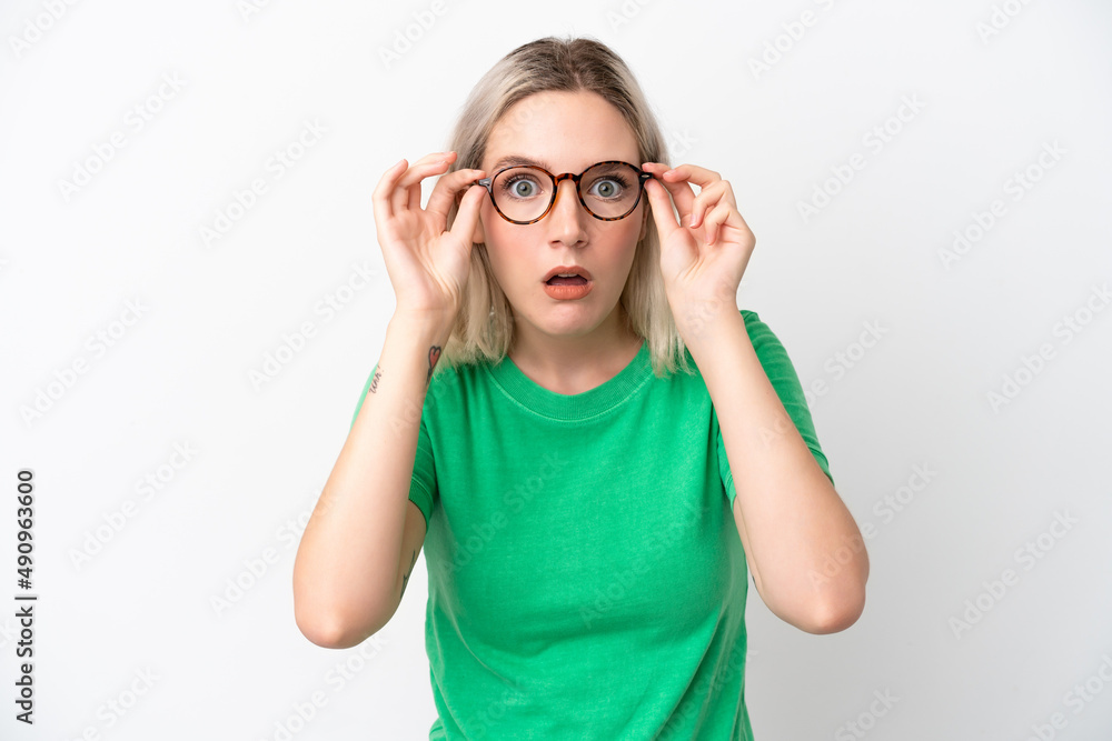 Young caucasian woman isolated on white background With glasses and frustrated expression Young caucasian woman isolated on white background With glasses and frustrated expression