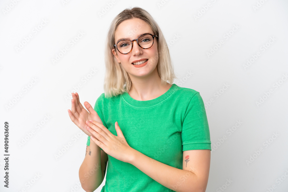 Young caucasian woman isolated on white background With glasses and applauding Young caucasian woman isolated on white background With glasses and applauding