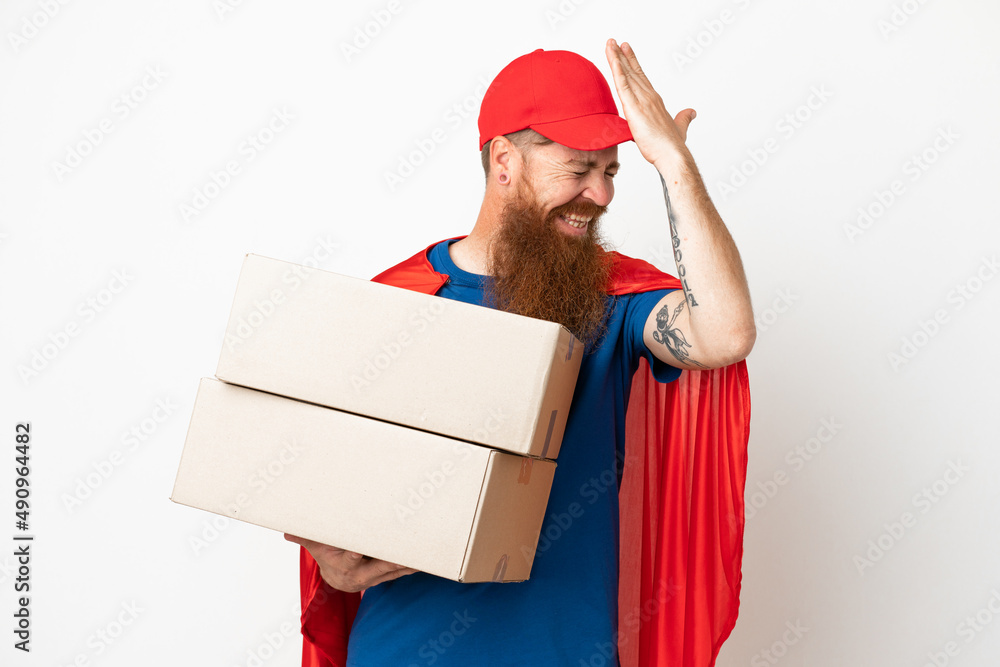 Super Hero delivery reddish man isolated on white background has realized something and intending the solution Super Hero delivery reddish man isolated on white background has realized something and intending the solution