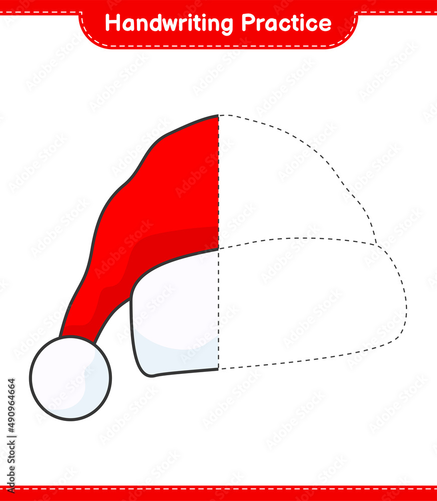 Handwriting practice. Tracing lines of Santa Hat. Educational children game, printable worksheet, vector illustration Handwriting practice. Tracing lines of Santa Hat. Educational children game, printable worksheet, vector illustration