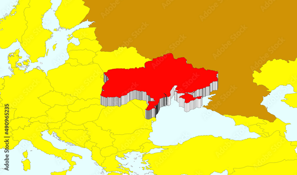 ukraine: map of europe with ukraine highlighted in red and borders in three-dimensional 3d bordering countries in yellow and brown, with no names.