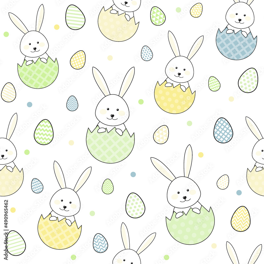 Smiley Easter bunnies and decorative eggs. Concept of a seamless pattern. Vector