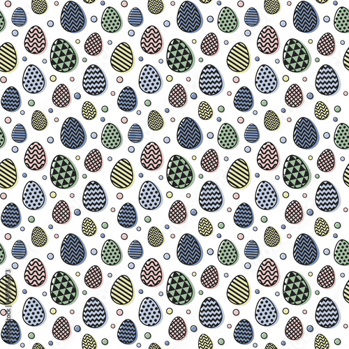 Easter texture with bunnies and colourful eggs. Vector