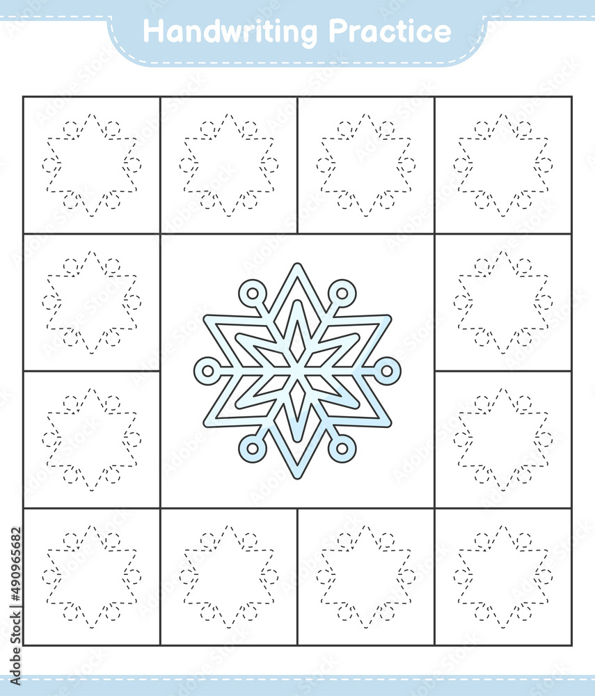 Fototapeta premium Handwriting practice. Tracing lines of Snowflake. Educational children game, printable worksheet, vector illustration