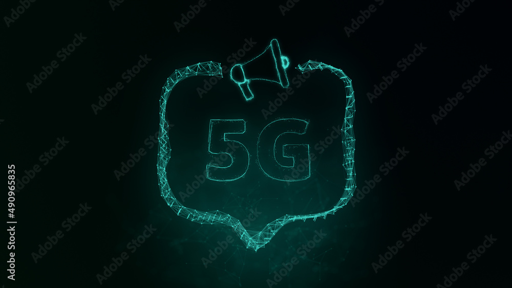Megaphone banner with speech bubble and text 5G. Plexus style of green glowing dots and lines. Abstract illustration Megaphone banner with speech bubble and text 5G. Plexus style of green glowing dots and lines. Abstract illustration