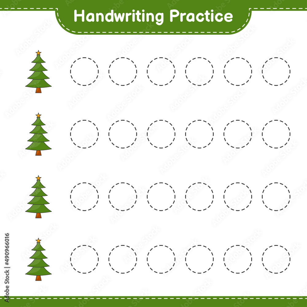 Handwriting practice. Tracing lines of Christmas Tree. Educational children game, printable worksheet, vector illustration Handwriting practice. Tracing lines of Christmas Tree. Educational children game, printable worksheet, vector illustration