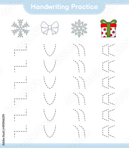 Handwriting practice. Tracing lines of Ribbon, Snowflake, and Gift Box. Educational children game, printable worksheet, vector illustration