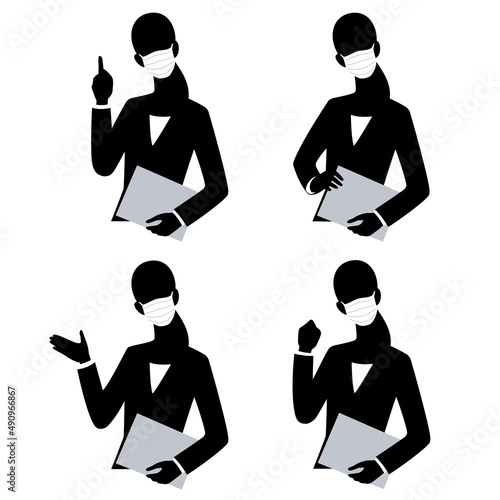 Silhouette of the businesswoman wearing a mask.
 Sets of 4 pose.