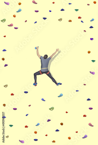 A man on an indoor climbing wall runs into a huge gap in the holds that enable him to climb. This is metaphor for many challenges in careers or other life experiences.