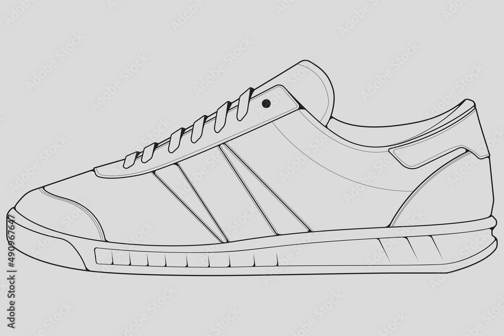 Shoes sneaker outline drawing vector, Sneakers drawn in a sketch style,  black line sneaker trainers template outline, vector Illustration. Stock  Vector | Adobe Stock
