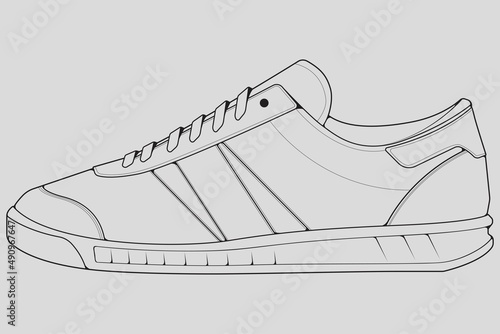 Shoes sneaker outline drawing vector, Sneakers drawn in a sketch style, black line sneaker trainers template outline, vector Illustration.
