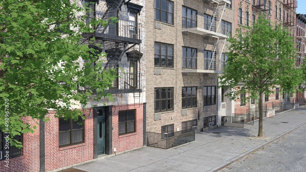 Fototapeta premium Beautiful terraced houses and apartments in sunshine on a city road.