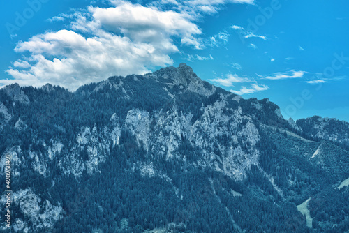 A great view of the high Alps mountains wth green forest under blue cloudy sky.