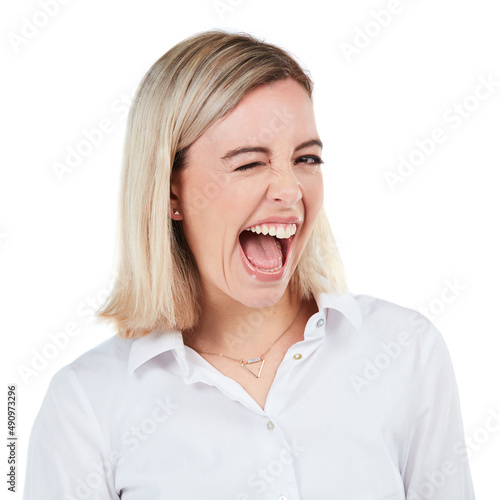 Wink, wink, if you catch my drift. Studio shot of a young businesswoman winking against a white background.