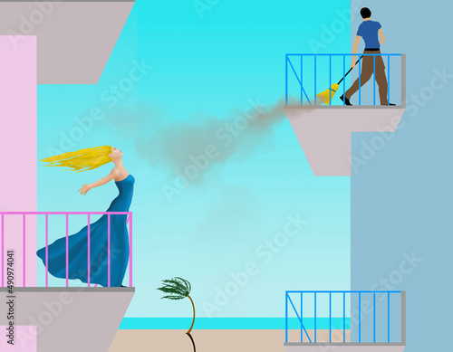 A discourteous neighbor sweeps dirt onto his neighborâ€™s patio in this 3-d illustration. photo