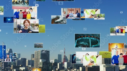 Modern city and internet movie concept. Video distribution service. Streaming video. communication network.