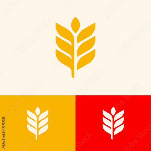 Agriculture wheat grain logo design concept. Organic farm company brand logomark illustration. Can representing plant, vegan, food, harvest, health, bread, cereal.