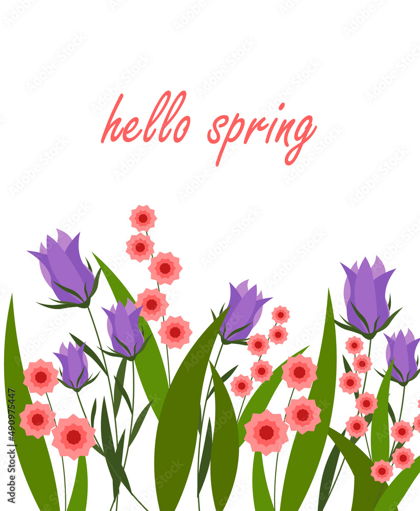 Decorative card template with spring flowers. Vector illustration isolated on white background. For use in cards, invitations, leaflets and flyers, invitations, birthdays, weddings, holidays.