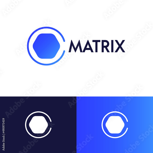 Tech polygon blockchain logo design vector concept. Cyber data company brand logomark illustration. Can representing program, code, crypto, metaverse, future, system, connect.