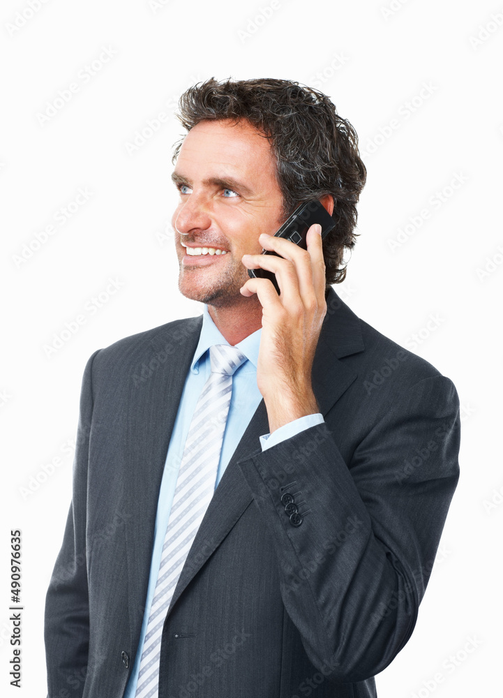 Mobile phone conversation. Handsome mature business man talking on cellphone against white background. Mobile phone conversation. Handsome mature business man talking on cellphone against white background.