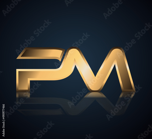Modern Initial logo 2 letters Gold simple in Dark Background with Shadow Reflection PM
