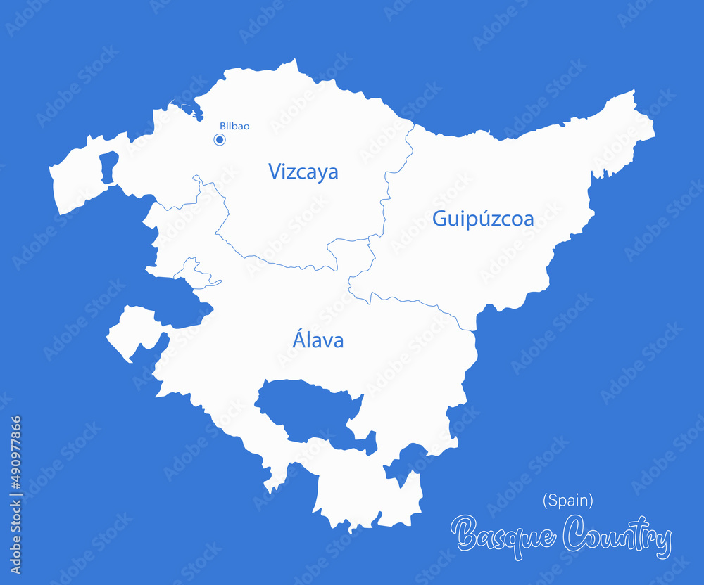 Basque Country map, administrative divisions whit names regions, blue background vector