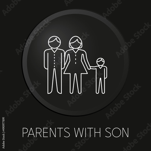 Parents with son  minimal vector line icon on 3D button isolated on black background. Premium Vector.