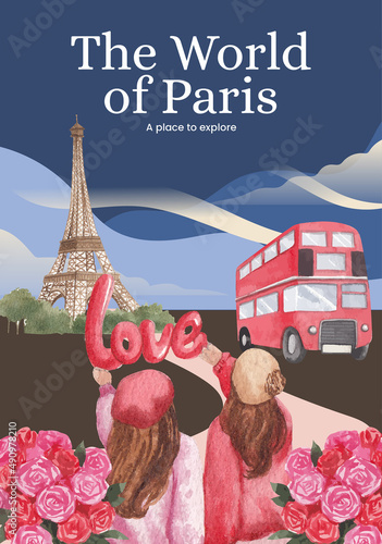 Poster template with Eifel in Paris lover concept,watercolor style